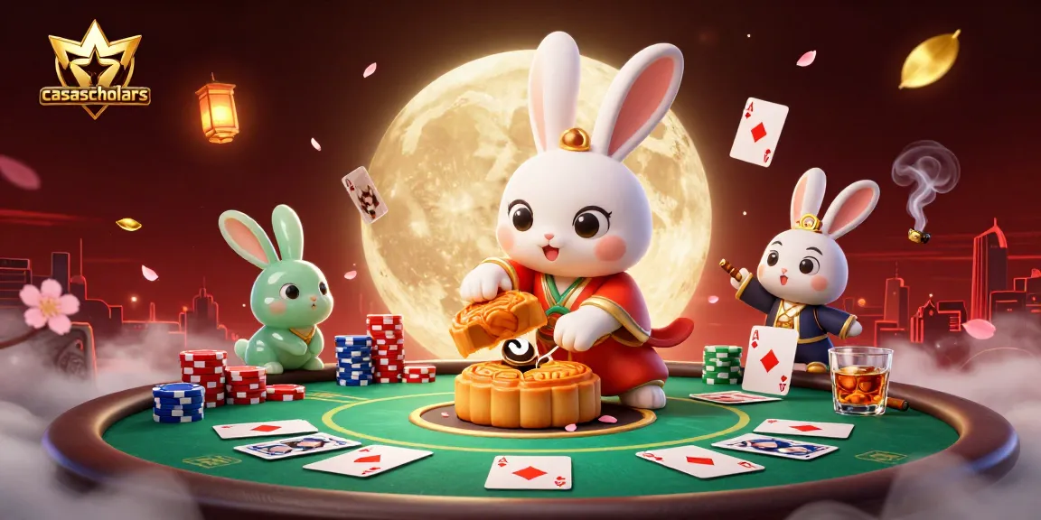 Experience the thrill of casascholars as a moon rabbit plays slots surrounded by golden poker chips.