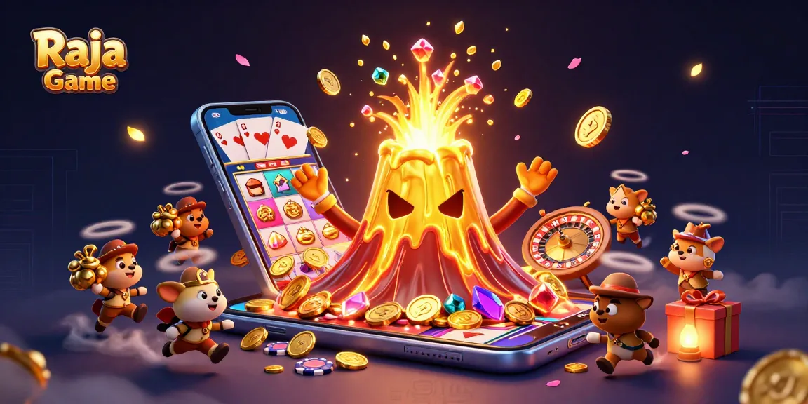 Raja Game casino illustration of a golden volcano erupting coins while tiny explorers collect treasures.