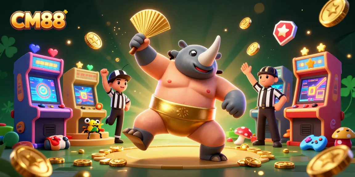 Experience the excitement of CM88's casino world as a beetle champion stomps gold coins amidst vibrant gaming elements.