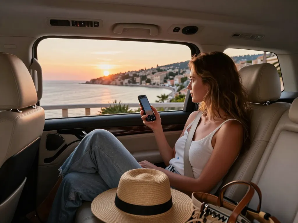Trajet confortable en taxi à Saint Tropez mettant en avant un véhicule de luxe et des vues sur le coucher de soleil