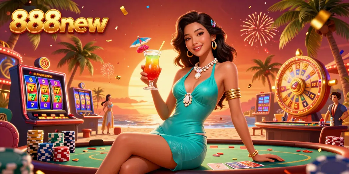 Experience exciting gaming at 888new with vibrant slot reels and a glamorous scene, capturing a thrilling casino atmosphere.