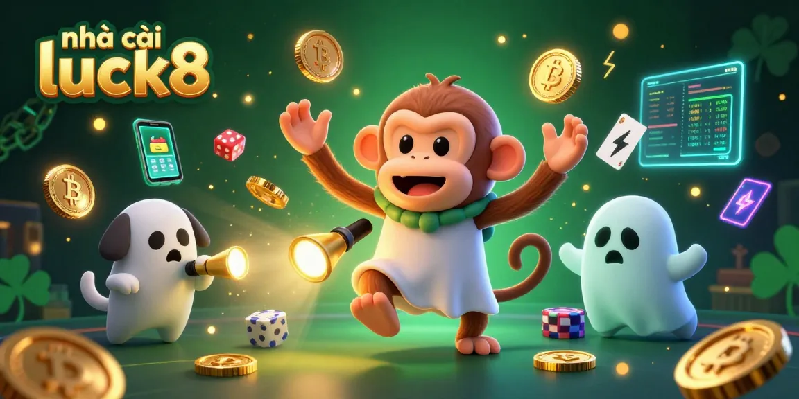 Engage with the exhilarating atmosphere of nhà cái luck8 featuring a playful poltergeist monkey in a vibrant haunted casino.