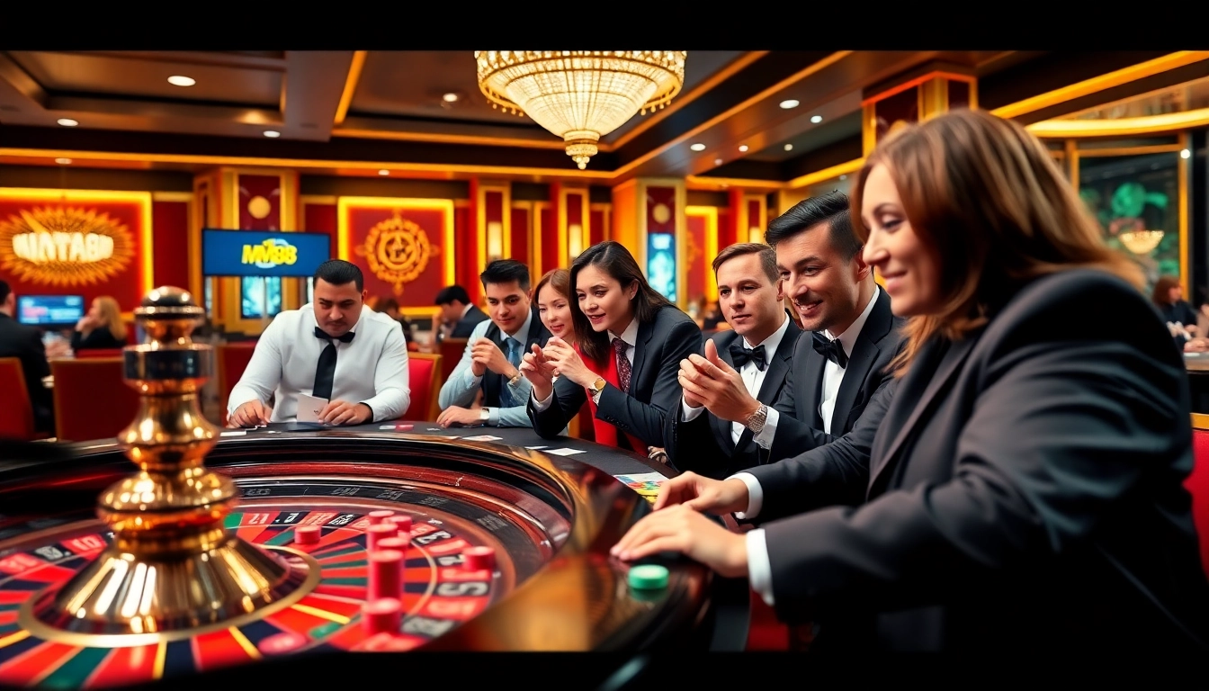 High-energy gambling scene at nhà cái mm88 casino, featuring excited players and colorful chips