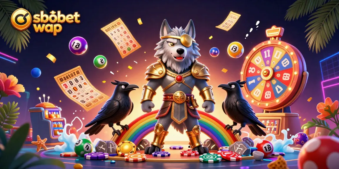 Experience sbobet wap action with Odin and ravens amidst vibrant casino elements and dynamic lottery balls.
