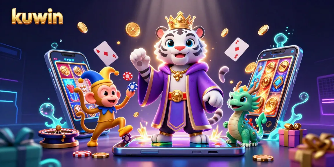 Engage with kuwin's enchanting casino world featuring a majestic white tiger, a jester monkey, and a lively jade dragon.