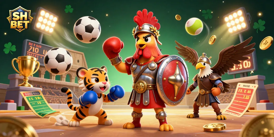 Engage with SH BET through a thrilling casino scene featuring a gladiator rooster, vibrant sports elements, and dynamic action.
