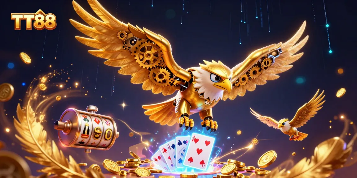 Experience the thrilling action at TT88 casino with a vibrant scene featuring a majestic cybernetic eagle amidst swirling slot reels and golden tokens.