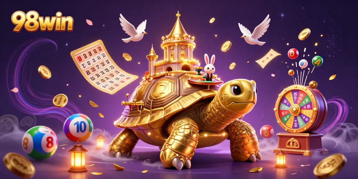 98win showcases a vibrant casino scene with a golden tortoise, rabbit dealer, and dynamic lottery elements.
