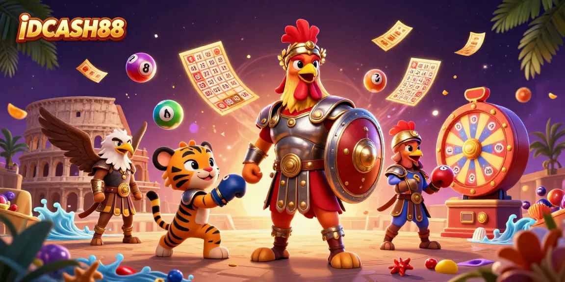Play at IDCASH88 with an exciting 3D illustration of a gladiator rooster, showcasing thrilling game elements.