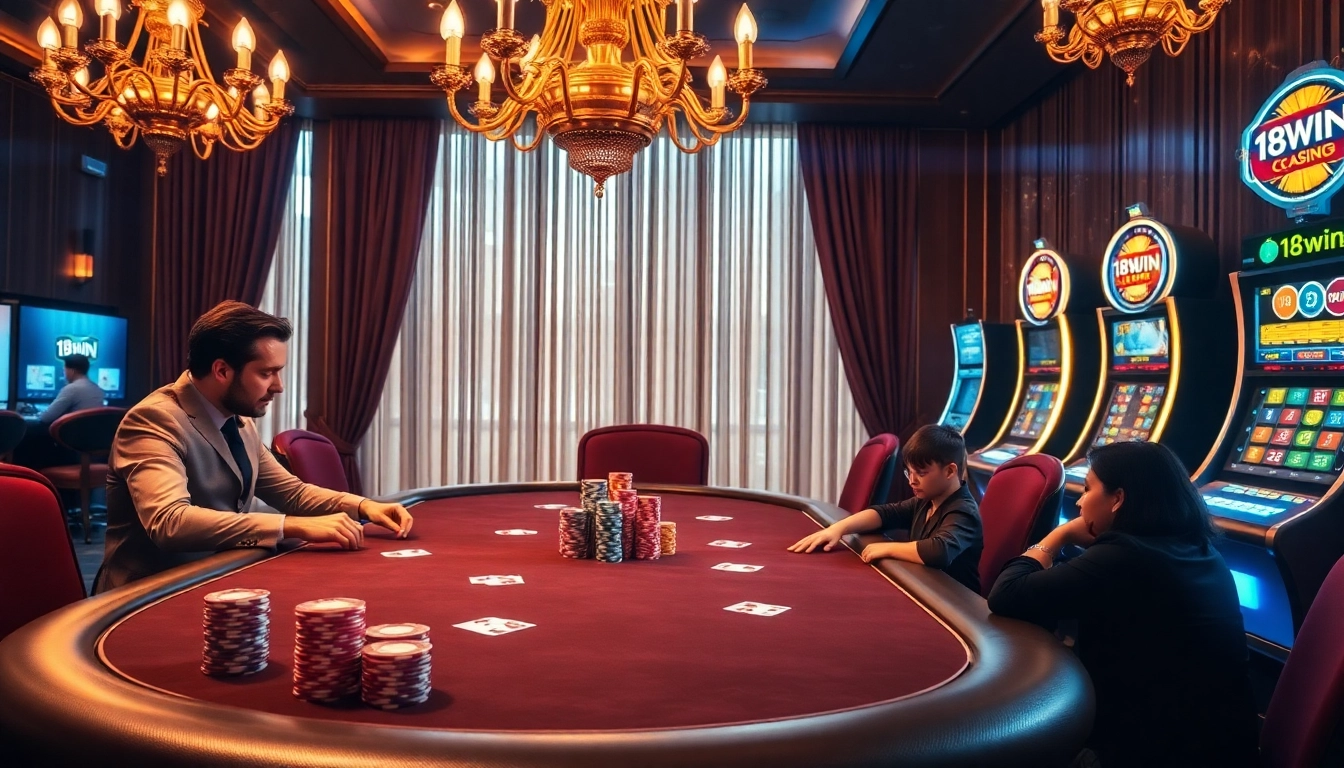 Experience high-stakes poker with 18win in a luxurious casino setting, complete with colorful chips and golden decor.