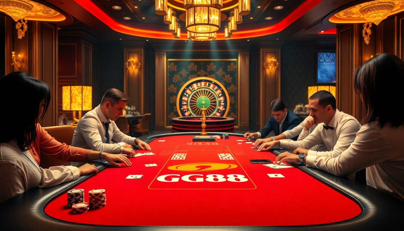 Players at a high-stakes poker table enjoying the thrilling GG88 casino experience.