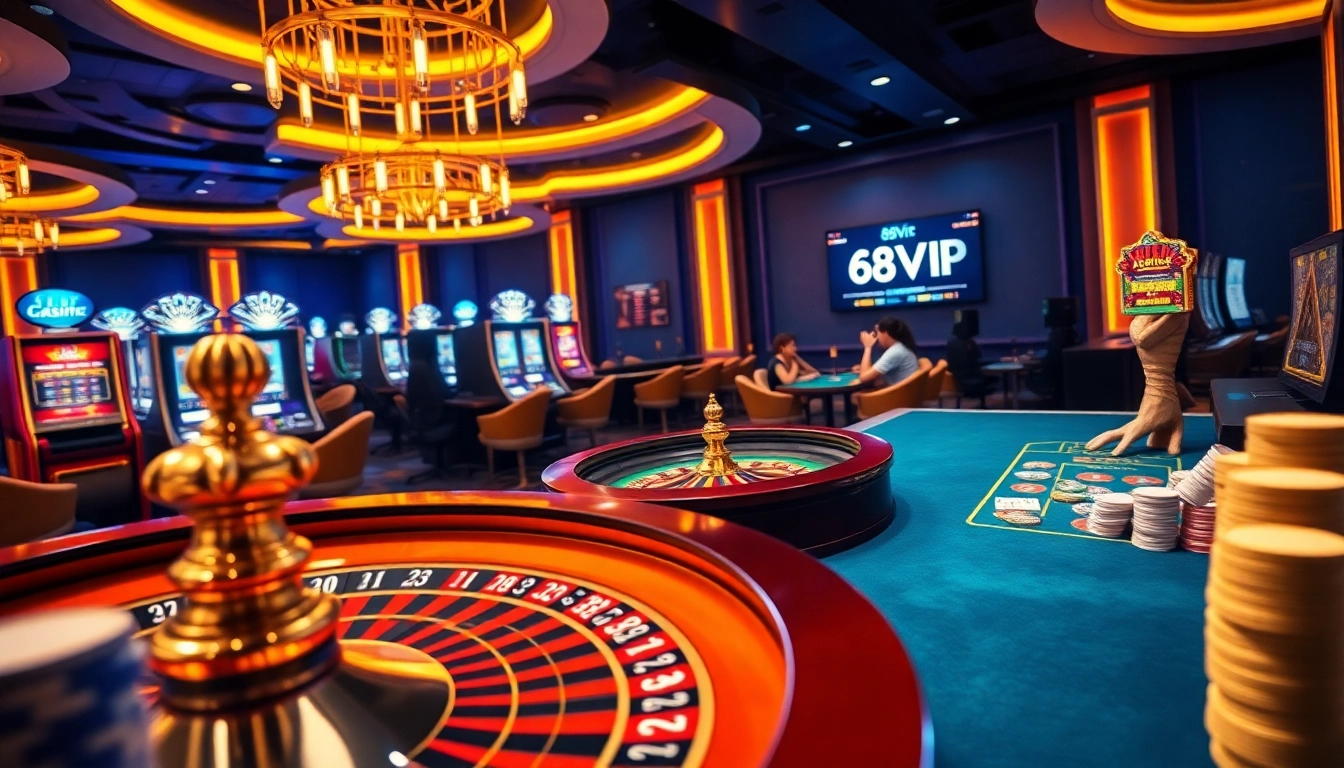 Experience the thrill of 68VIP online gaming with vibrant roulette and poker setups.