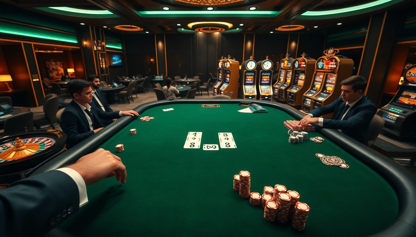 Engaging scene of professional players placing แทงบอล bets at a luxurious poker table in a high-stakes casino environment.