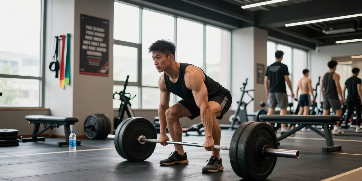 Kraftsportler im Steroidshop, der in einem dynamischen Fitnessstudio mit Gewichten und Widerstandsbändern trainiert.