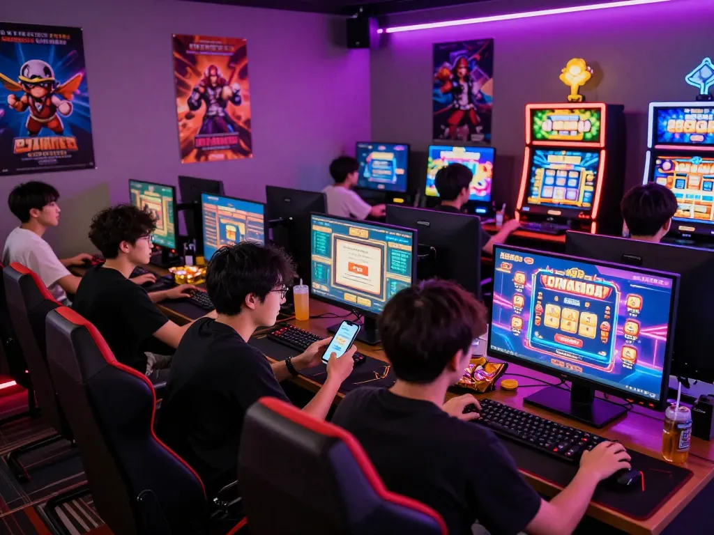Beragam pemain menikmati slot online laoban188 di lounge permainan modern, dikelilingi oleh grafik mesin slot yang cerah.