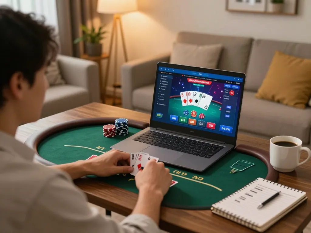 Engaging online gaming moment with dh88 poker table interface on laptop and strategy notes