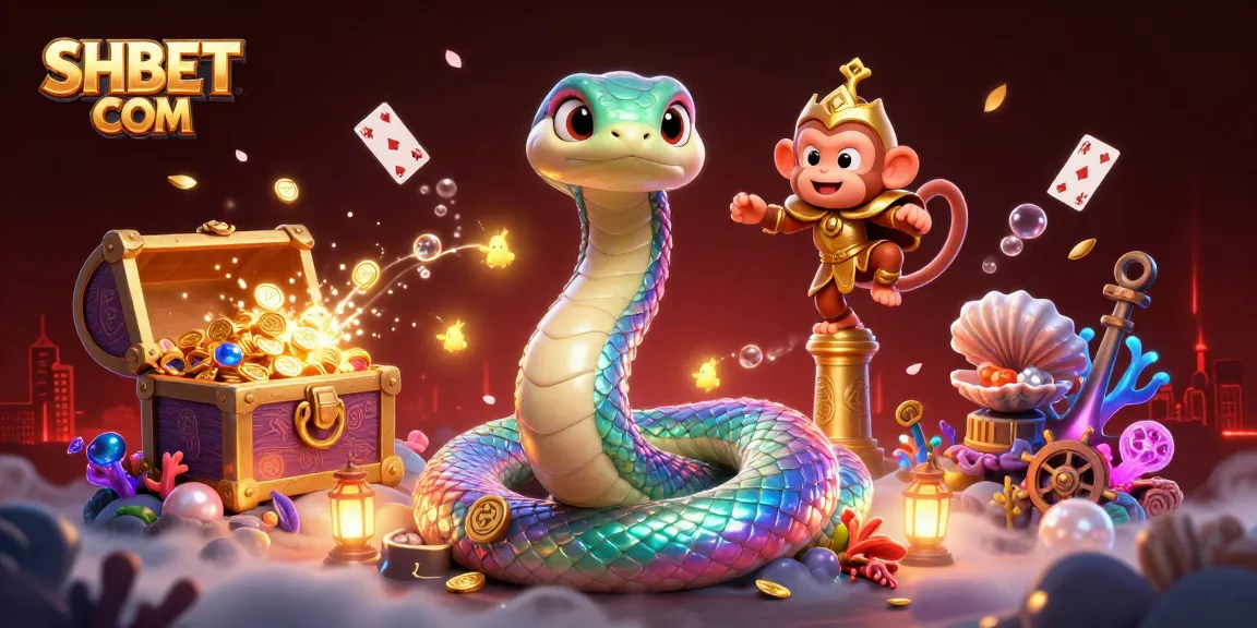 Experience the vibrant energy of SHBET COM through a dynamic 3D illustration featuring a colorful serpent and monkey king amidst glowing treasures.