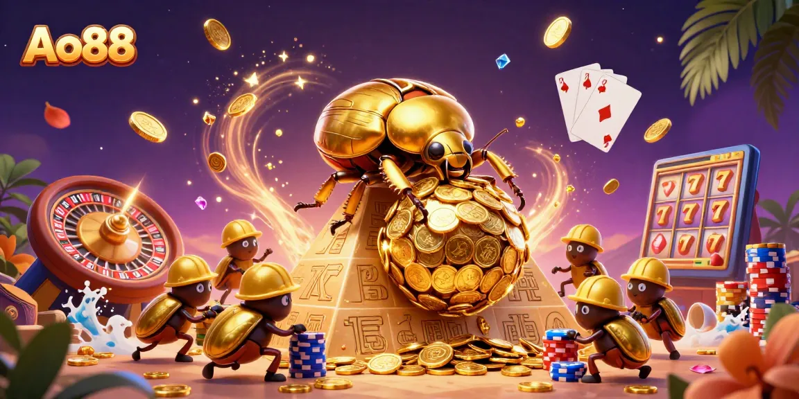 Ao88 players enjoy thrilling experiences with a golden dung beetle in a vibrant casino setting, amidst golden coins and gaming elements.