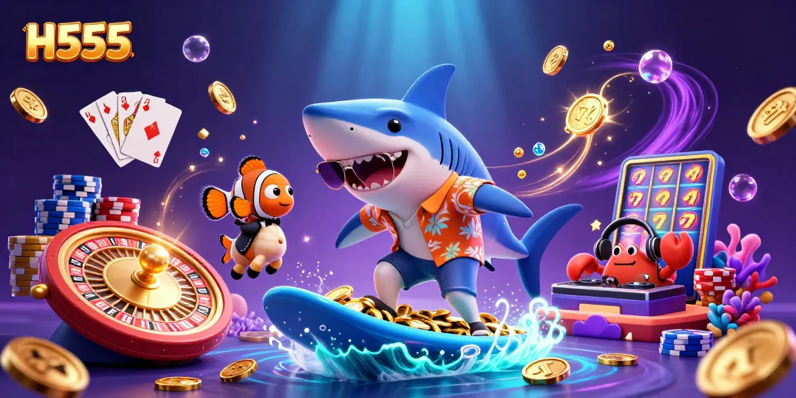 H555 brings thrilling online betting with a dynamic scene of animated characters enjoying a vibrant casino atmosphere.