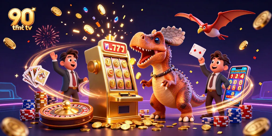 90 phút tv showcases a pachycephalosaurus celebrating a jackpot at a casino slot machine amidst flying coins and gaming excitement.