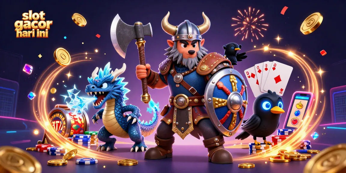 Engage with slot gacor hari ini in a colorful gaming scene featuring a Viking wolf warrior, dragon, and raven.