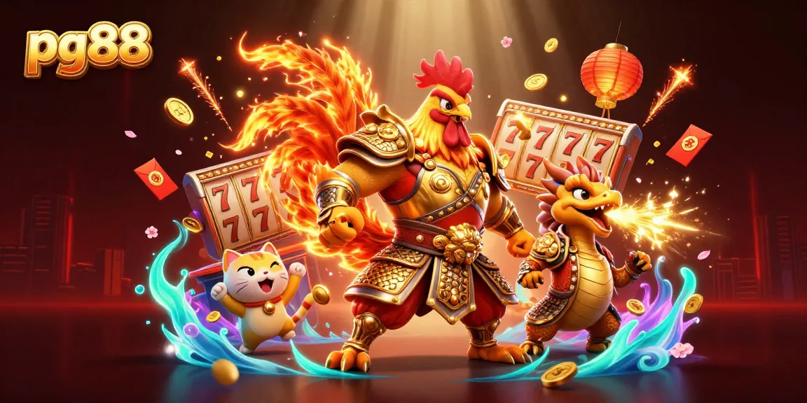 Engage in thrilling pg88 gambling fun with a rooster warrior, dragon hatchling, and festive gaming elements.