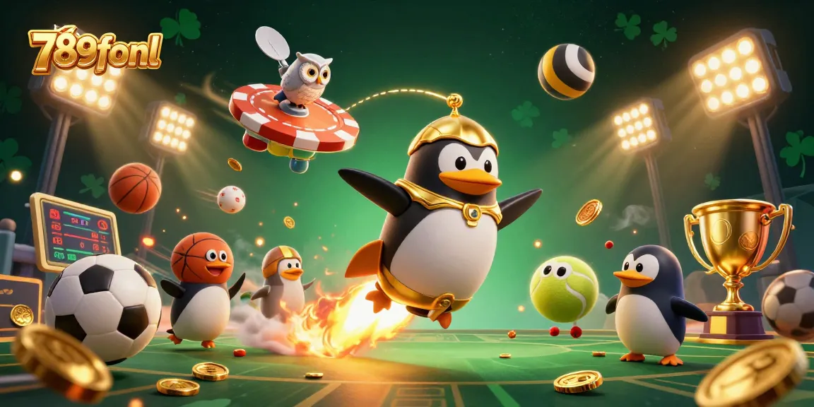 Engage with 789fonl's thrilling casino adventure featuring a golden penguin and dynamic sports elements.