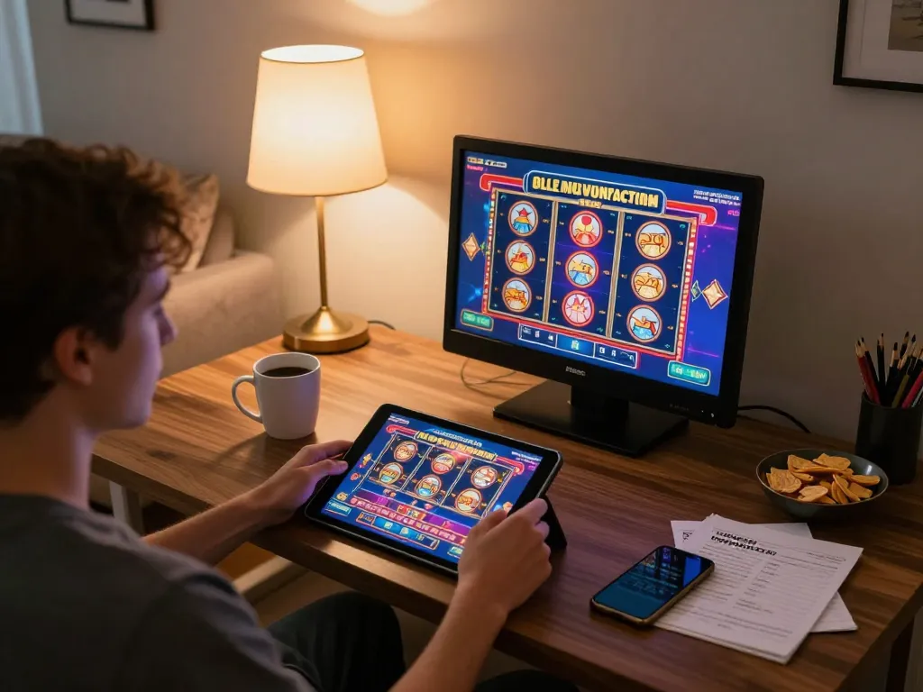 Player engaging with 58wiin online casino app on a tablet in a cozy home setting.