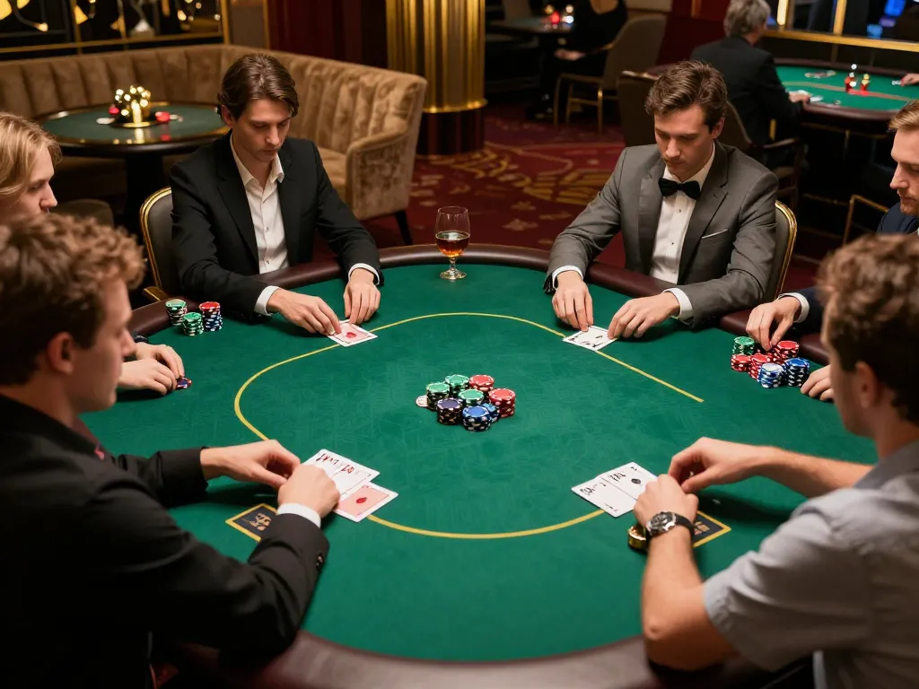 Go8 players engaged in a strategic poker showdown at a luxurious casino table with vibrant decor