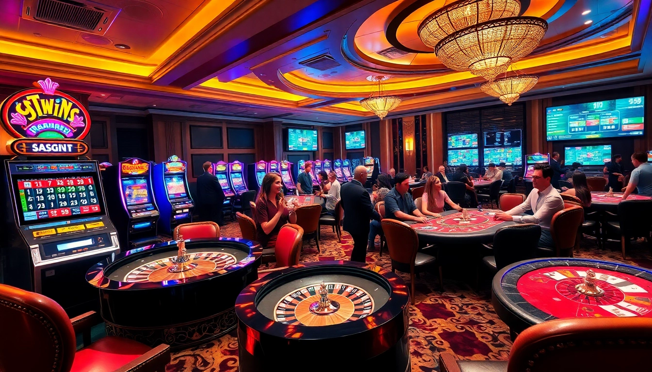 Engage in the thrilling gaming experience at https://33win5.it.com/ with vibrant slot machines and luxurious casino interiors.