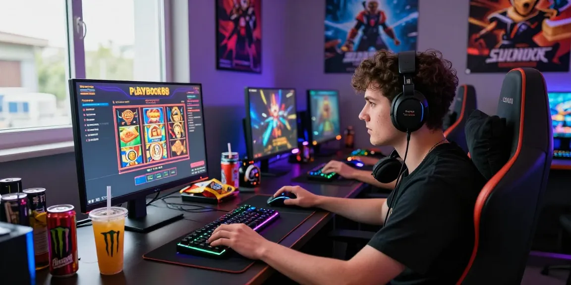 Engaging gaming setup showcasing PLAYBOOK88 online slots at https://gravatar.com/playbook88official with vibrant lighting and memorabilia.