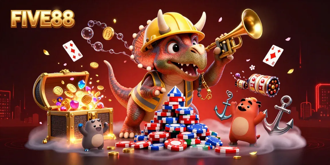 FIVE88 casino features an energetic scene with a triceratops stacking poker chips amidst underwater treasures and playful elements.