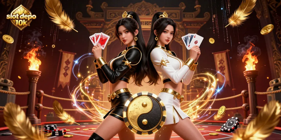 Engage in thrilling slot depo 10k gameplay with twin Asian women holding playing cards, rich casino atmosphere