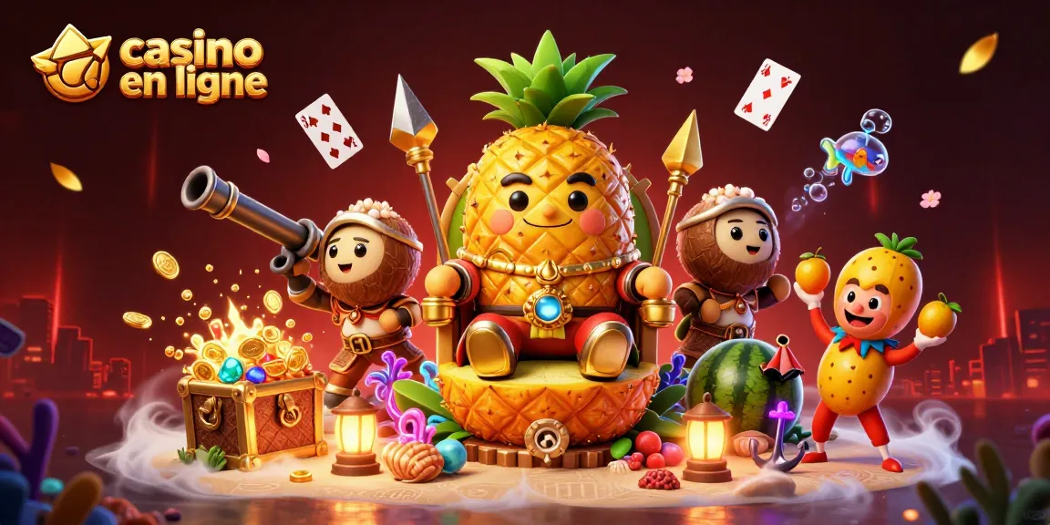 Jouer à casino en ligne avec un roi ananas et ses gardes au cœur d'une scène de plage animée