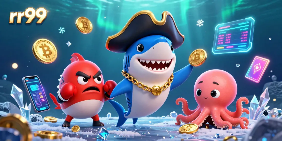 Engaging rr99 casino scene with pirate shark, pufferfish boxer, and octopus holding coins.