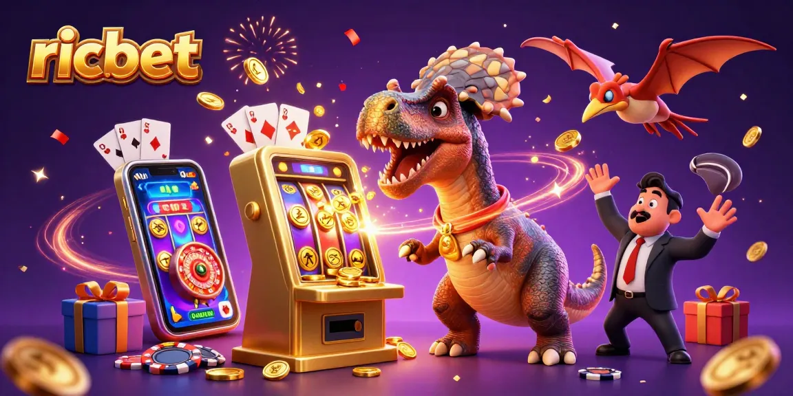 Experience ricbet's excitement as a dinosaur plays slots, coins fly around a vibrant casino scene.