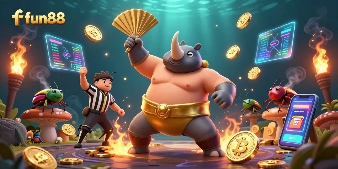 Bet on fun88 with a thrilling 3D illustration of a rhinoceros beetle champion in a dynamic casino scene.