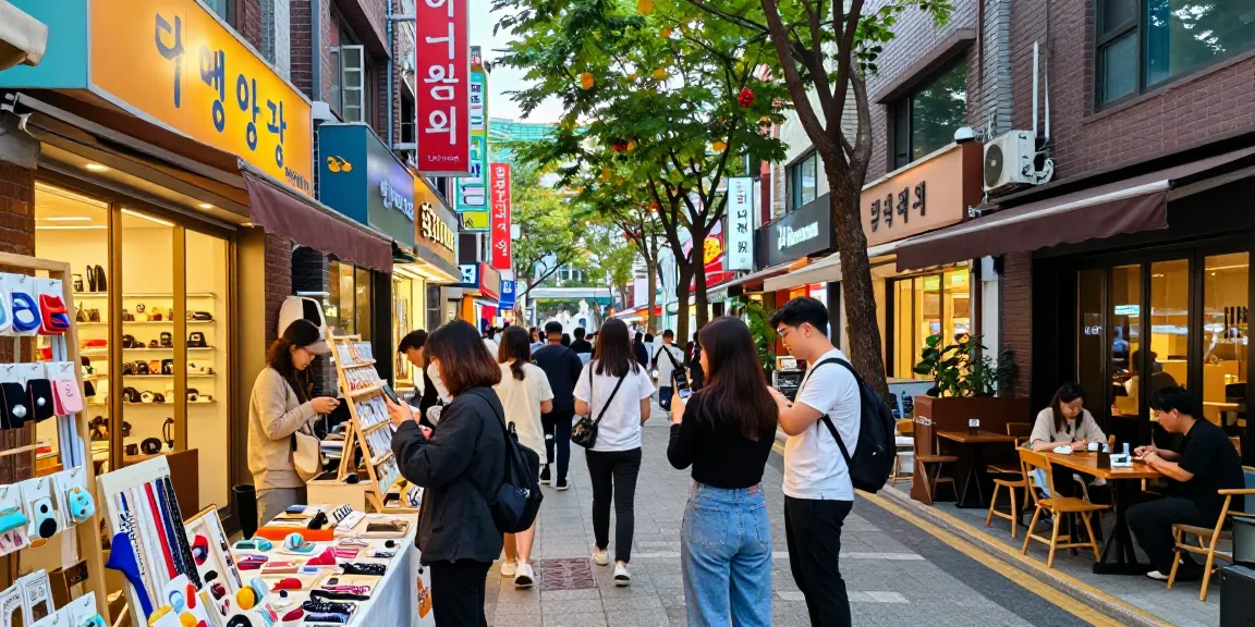 Exploring the vibrant shopping scene in Seoul's specialty district, showcasing unique products at local shops.