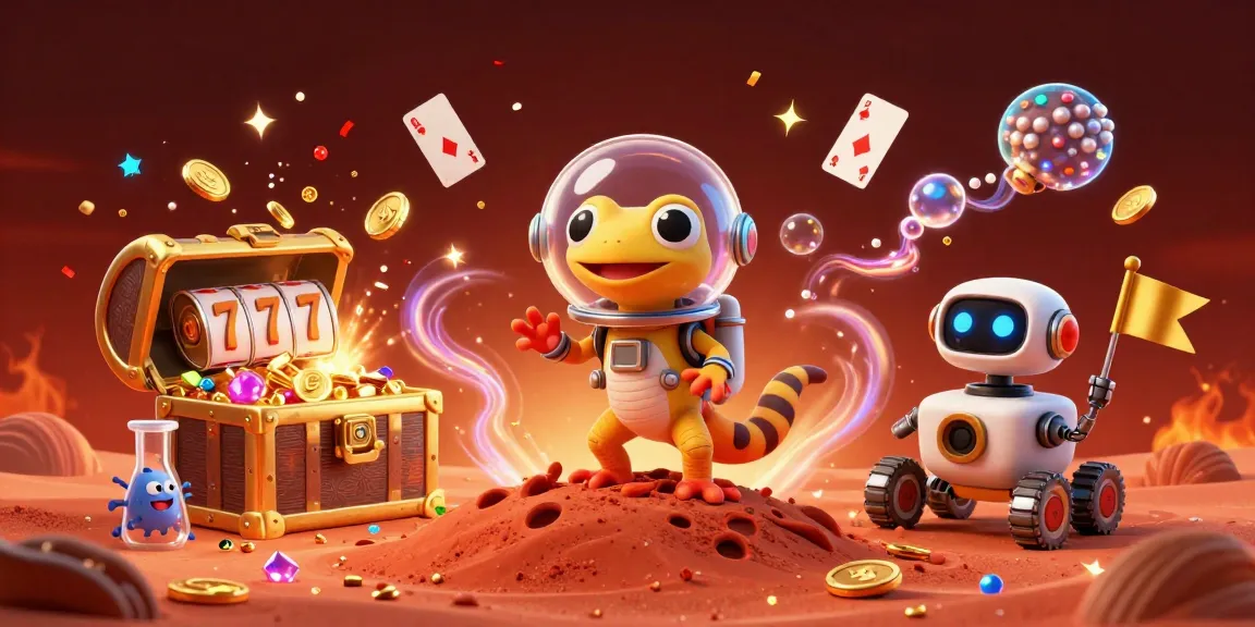 Experience 23win with a cheerful Martian gecko and robot, exploring casino treasures in an exciting 3D scene.