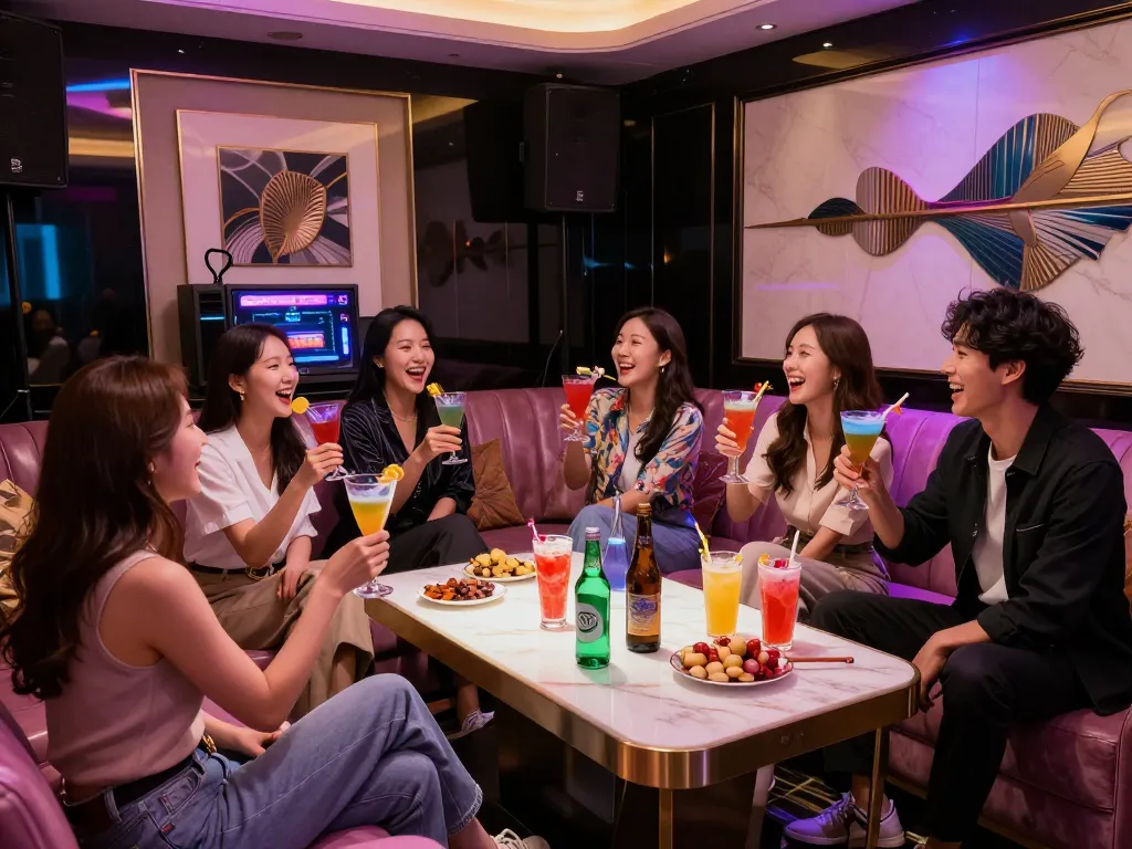 우아한 프라이빗 룸에서 친구들과 함께하는 강남가라오케의 활기찬 밤, 다채로운 음료와 노래방 설정을 즐기고 있습니다.