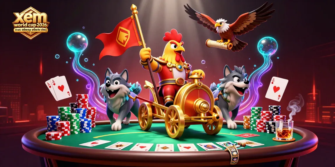 Experience xem world cup 2026 trực tiếp miễn phí with a dynamic 3D scene of a rooster warlord on a golden war chariot amidst poker excitement.