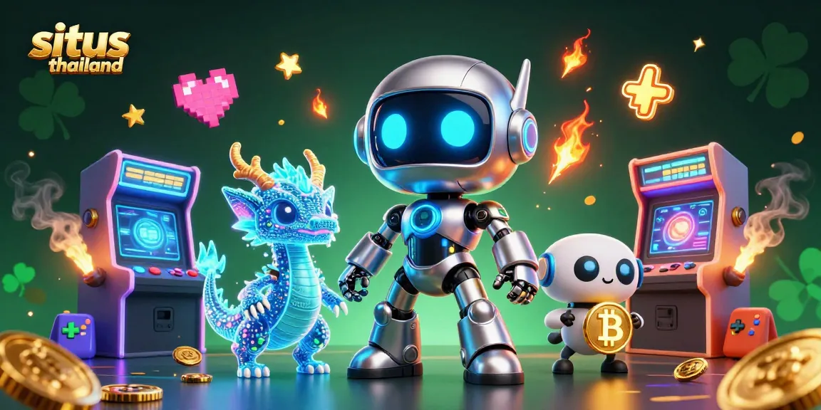 Situs Thailand offers thrilling slot action with the robot mascot, holographic dragon, and bitcoin drone in a vibrant gambling scene.