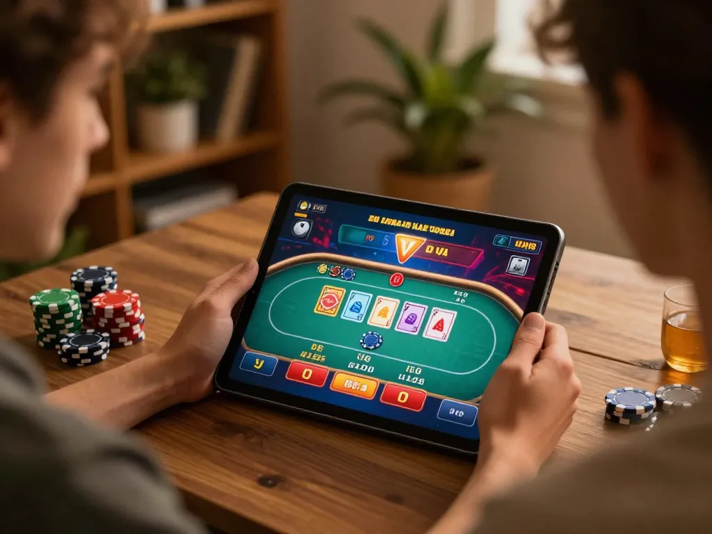 Jeu de poker en direct captivant sur tablette montrant l'expérience de retrait rapide en casino en ligne dans un cadre confortable à la maison.