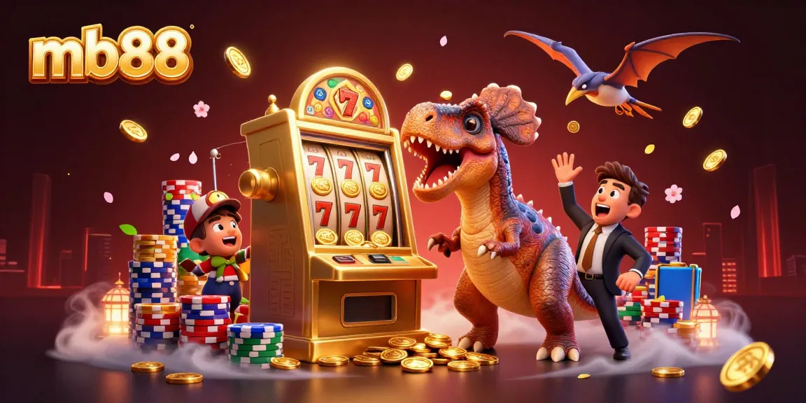 mb88 showcases a dynamic 3D scene with dinosaurs celebrating a jackpot at a vibrant online casino.