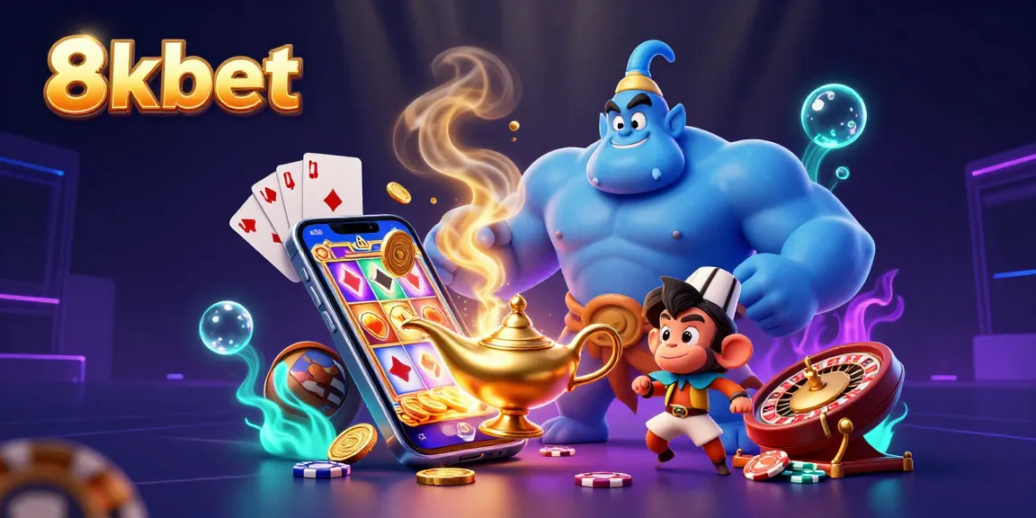 Engage with 8xbet as a blue genie and monkey surround a vibrant slot game scene.