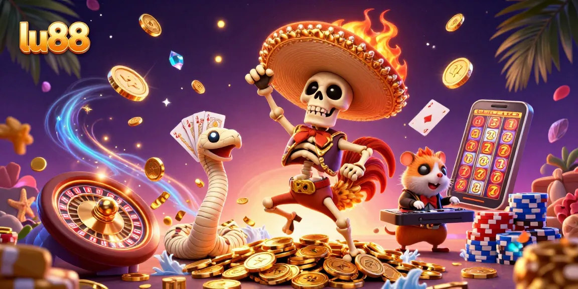 lu88's vibrant casino celebration with colorful characters showcasing epic wins in a lively gaming scene