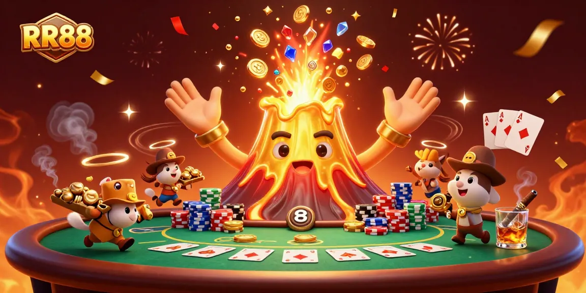 Play thrilling games at RR88, where a golden volcano erupts treasures in a vibrant casino scene.