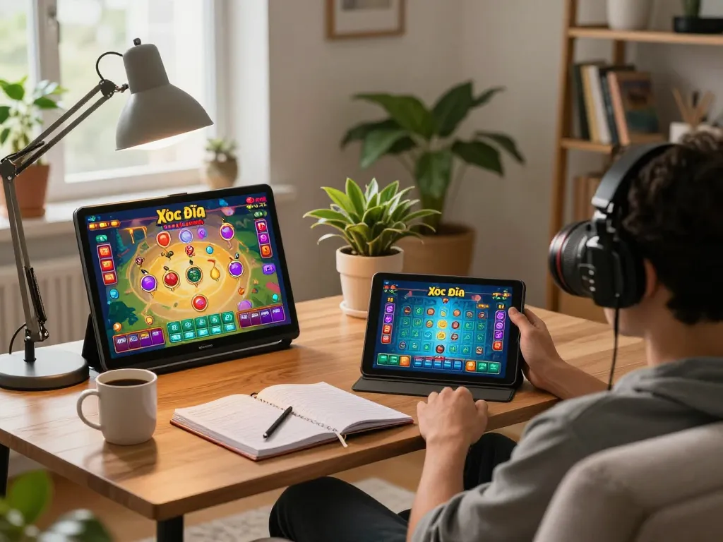 Person engaging in Xóc Đĩa online, showcasing vibrant game scene and cozy home setup.