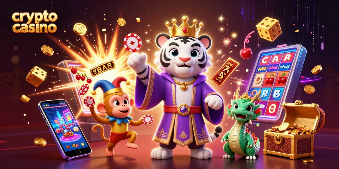 Profitez d'une expérience de jeu unique sur un crypto casino animé, avec des figures colorées et des éléments de jeux de casino.