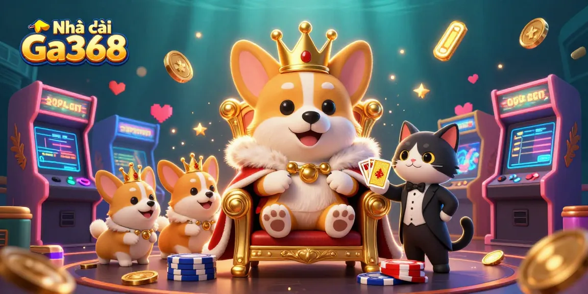Experience thrilling action at Nhà cái Ga368 as a royal corgi dominates a vibrant cockfighting arena scene.
